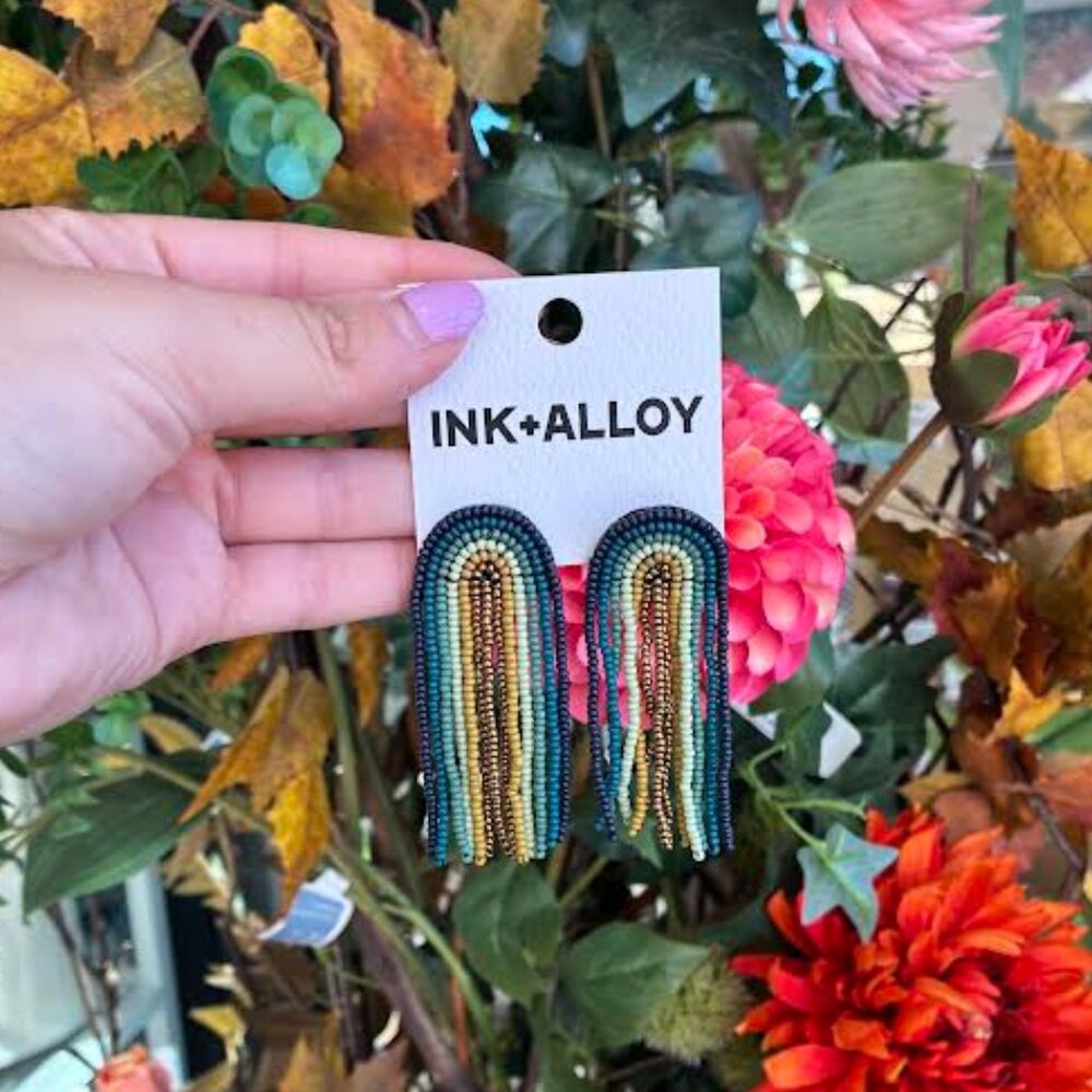 Ink + Alloy - Teal Navy Fringe Seed Bead Earrings- NWT